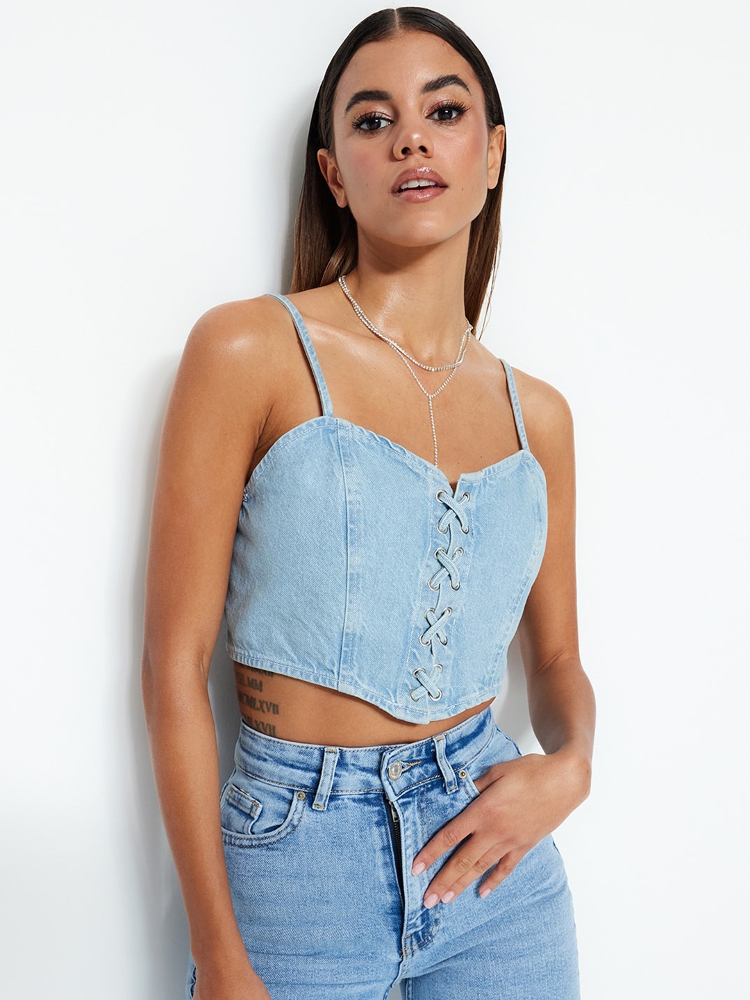 

Trendyol Shoulder Straps Cotton Denim Fitted Top, Blue