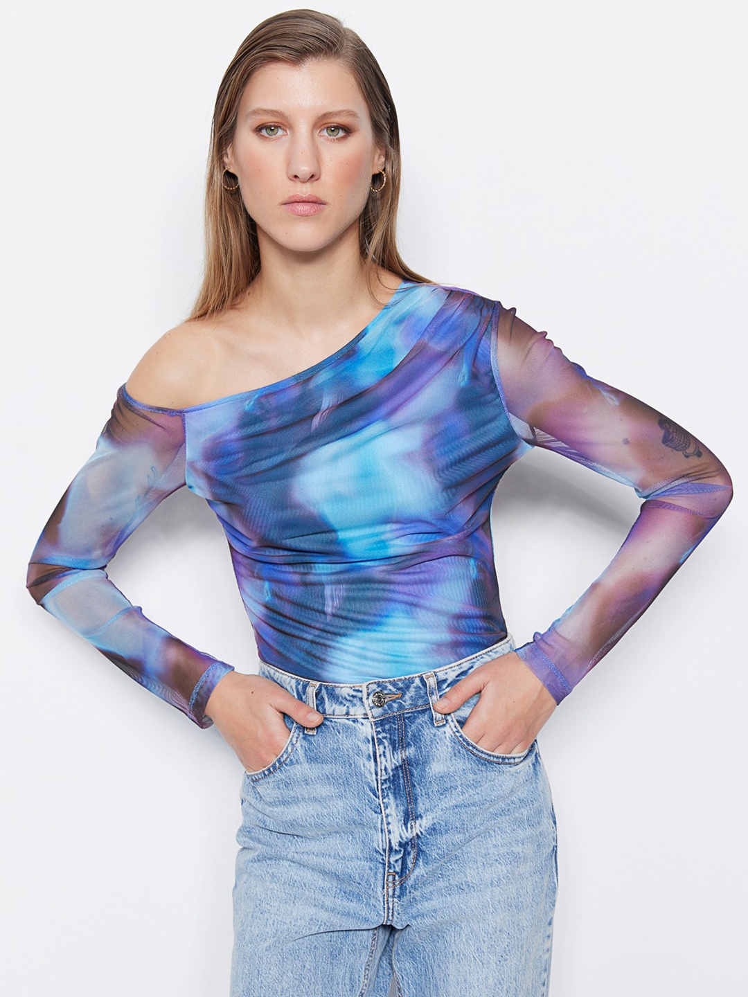 

Trendyol Abstract Printed Boat Neck Top, Blue