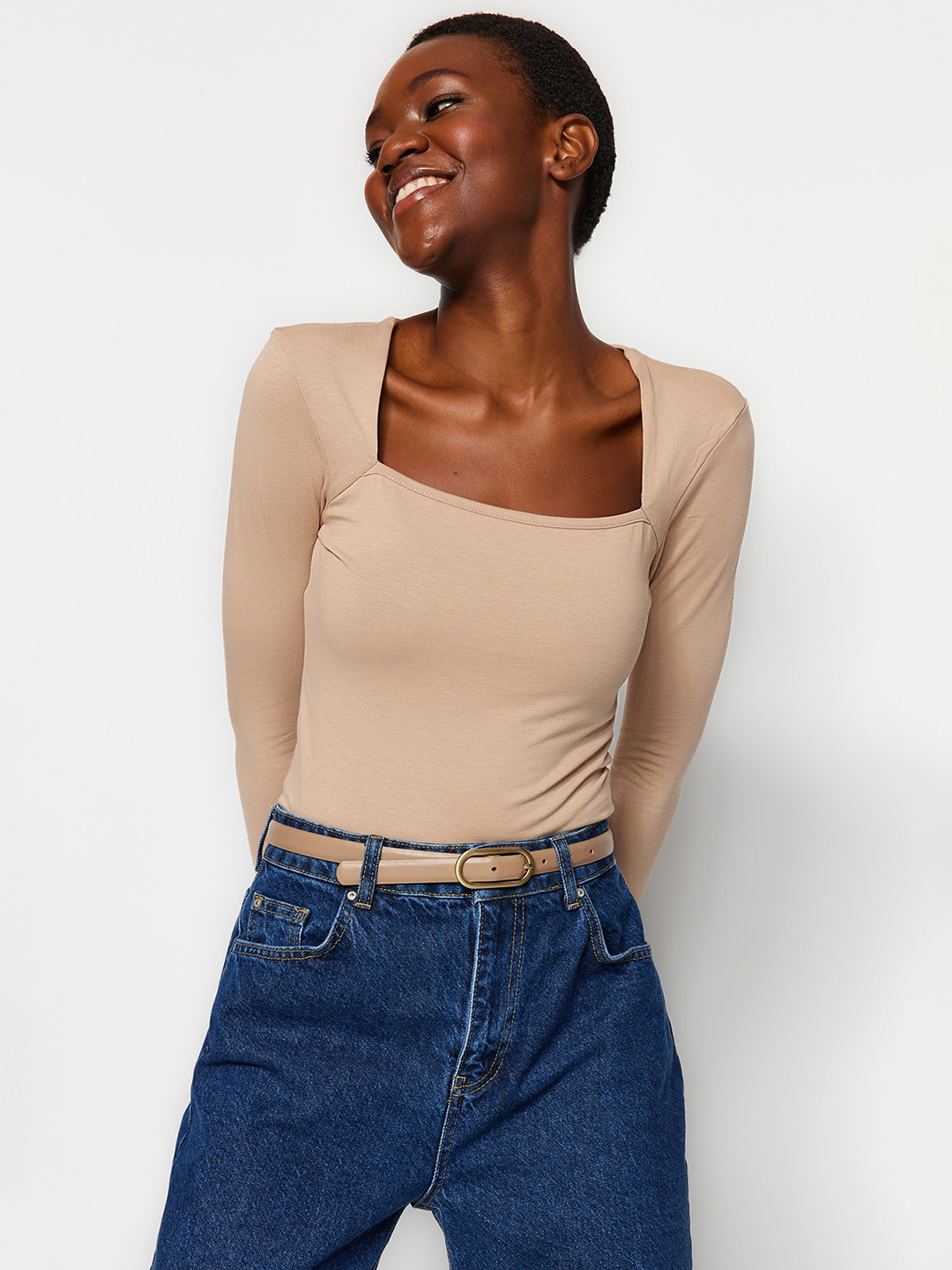 

Trendyol Square Neck Fitted Top, Beige