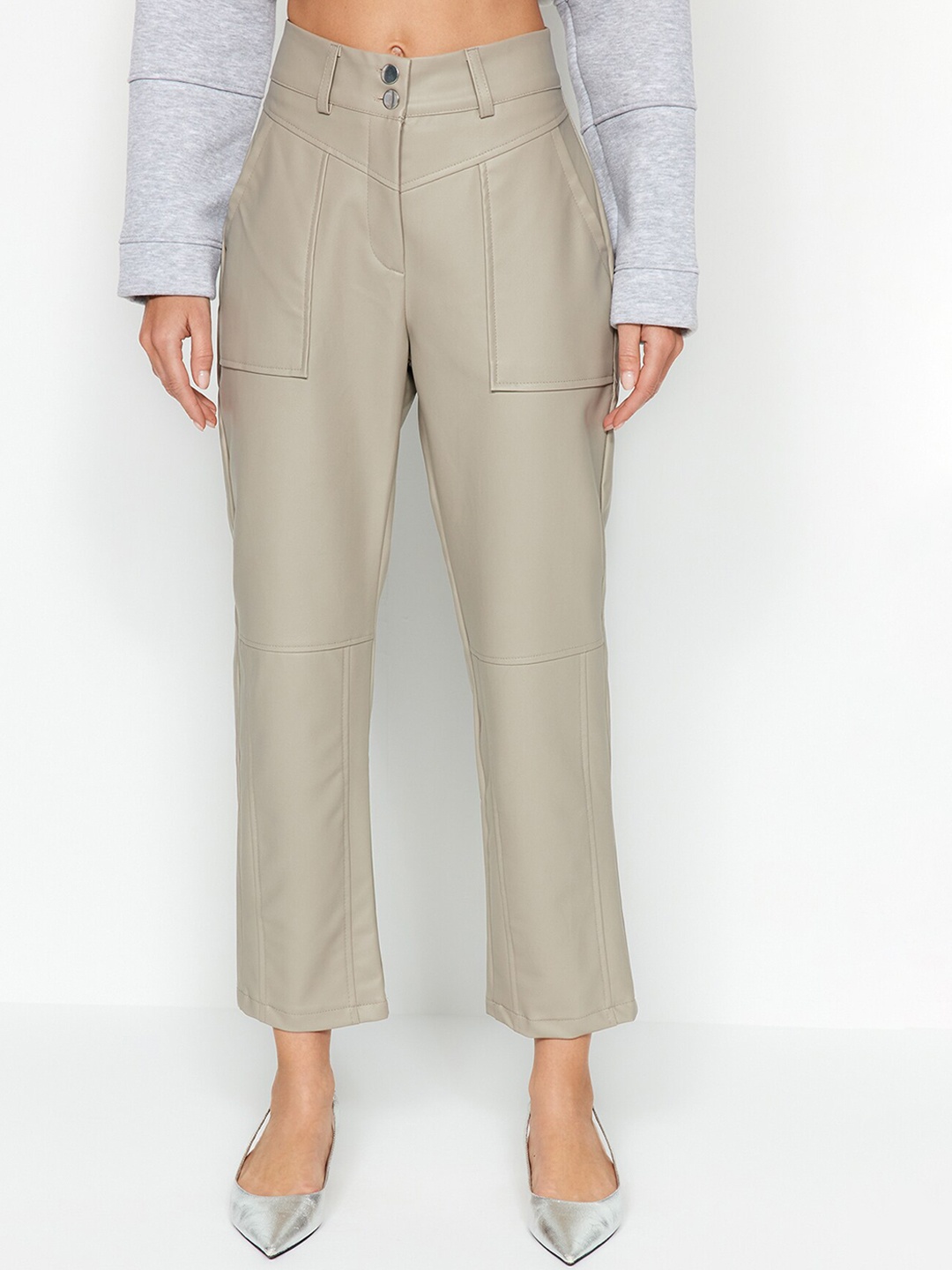 

Trendyol Women Mid-Rise Casual Woven Flat-Front Regular Trousers, Beige