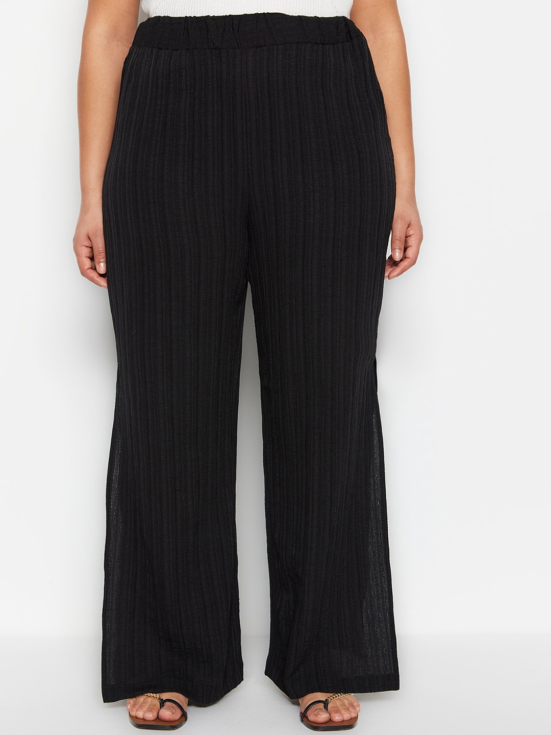 

Trendyol Women Striped Mid-Rise Parallel Trousers, Black