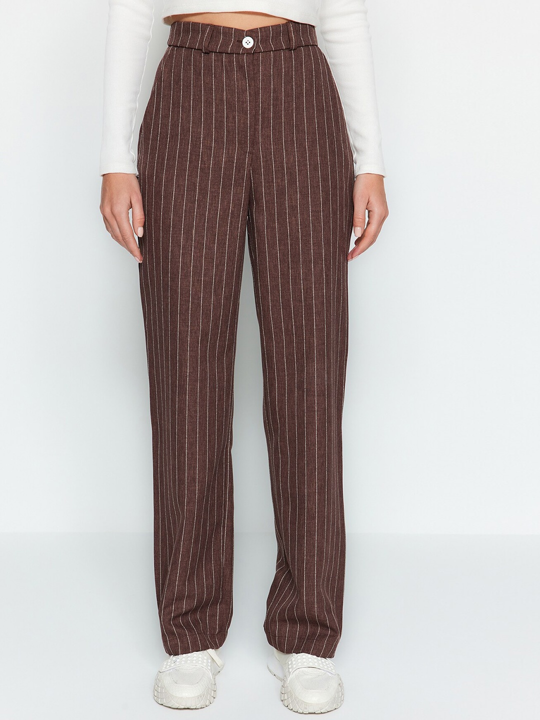 

Trendyol Women Striped Mid-Rise Parallel Trousers, Brown