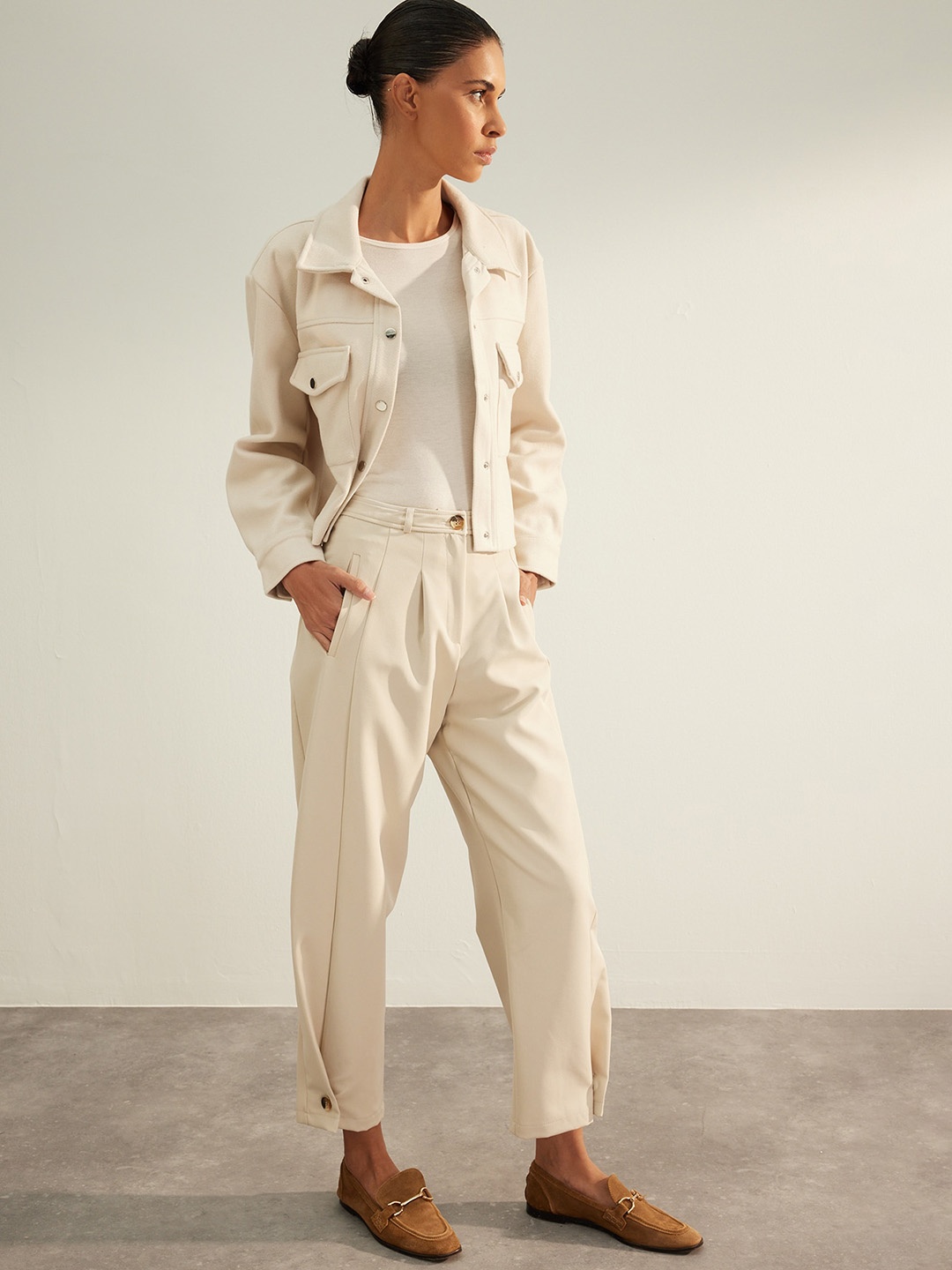

Trendyol Women Mid-Rise Pleated Peg Trousers, Beige