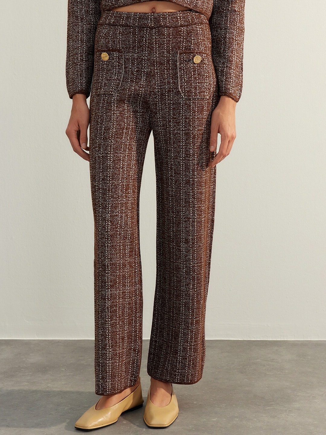 

Trendyol Women Textured Mid-Rise Trousers, Brown