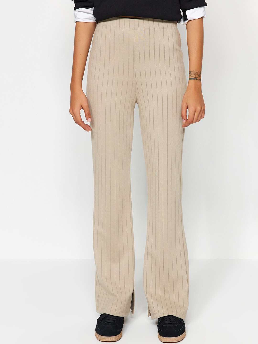 

Trendyol Women Striped Mid-Rise Bootcut Trousers, Beige