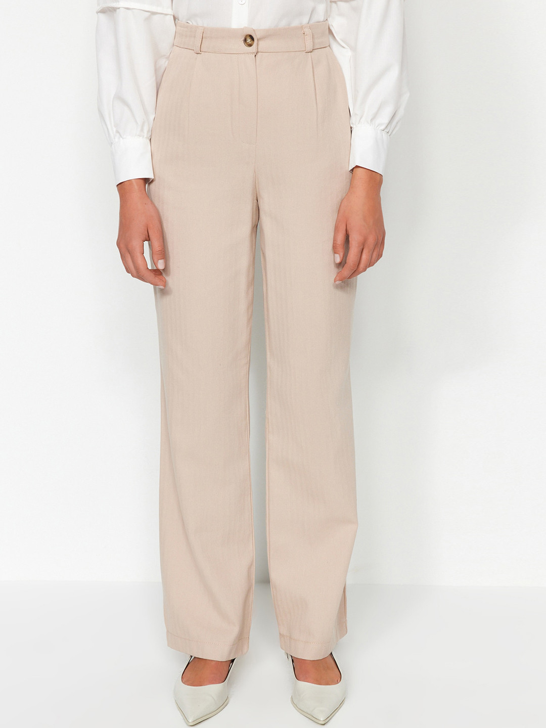 

Trendyol Women Striped Pure Cotton Mid-Rise Pleated Parallel Trousers, Beige