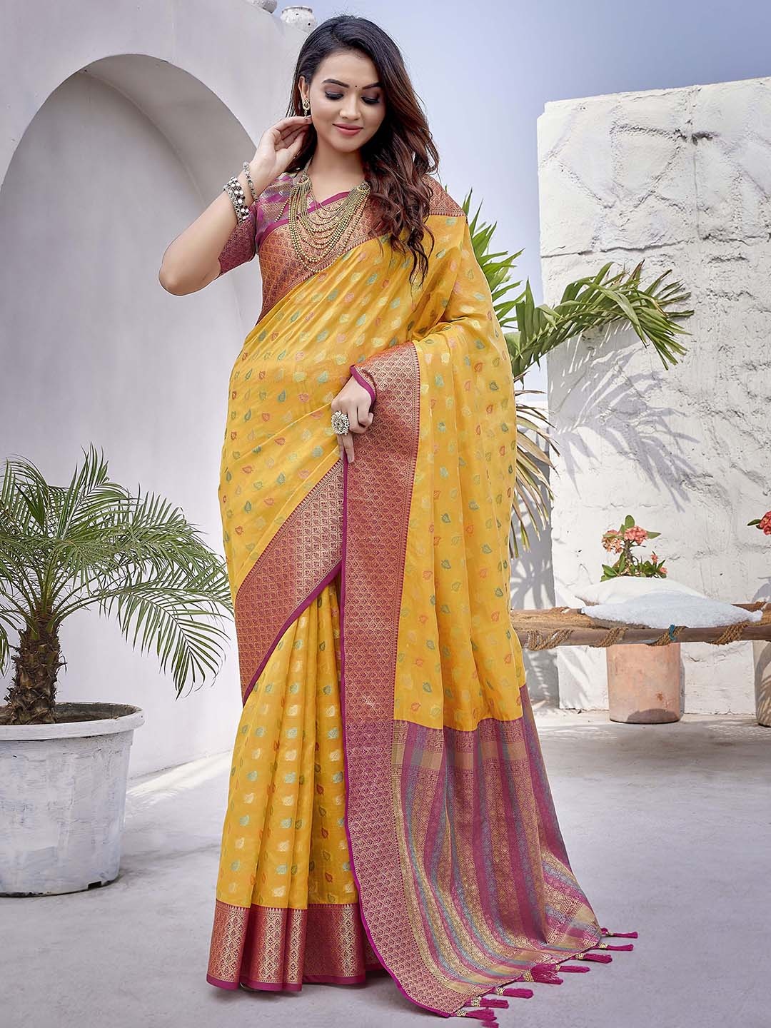 

Divyadham Textiles Ethnic Motifs Woven Design Zari Pure Silk Banarasi Saree, Yellow