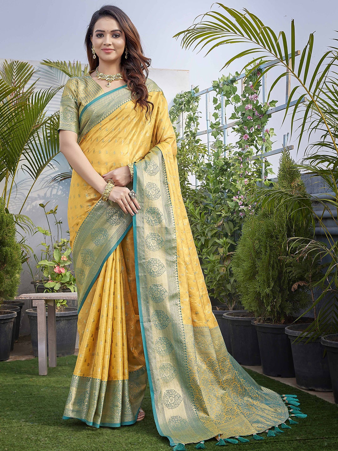 

Divyadham Textiles Ethnic Motifs Woven Design Zari Pure Silk Banarasi Saree, Yellow