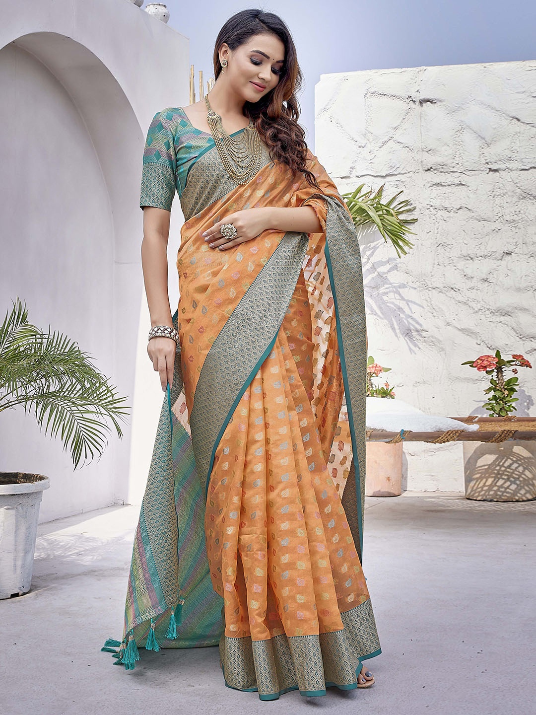 

Divyadham Textiles Floral Woven Design Zari Pure Silk Banarasi Saree, Orange