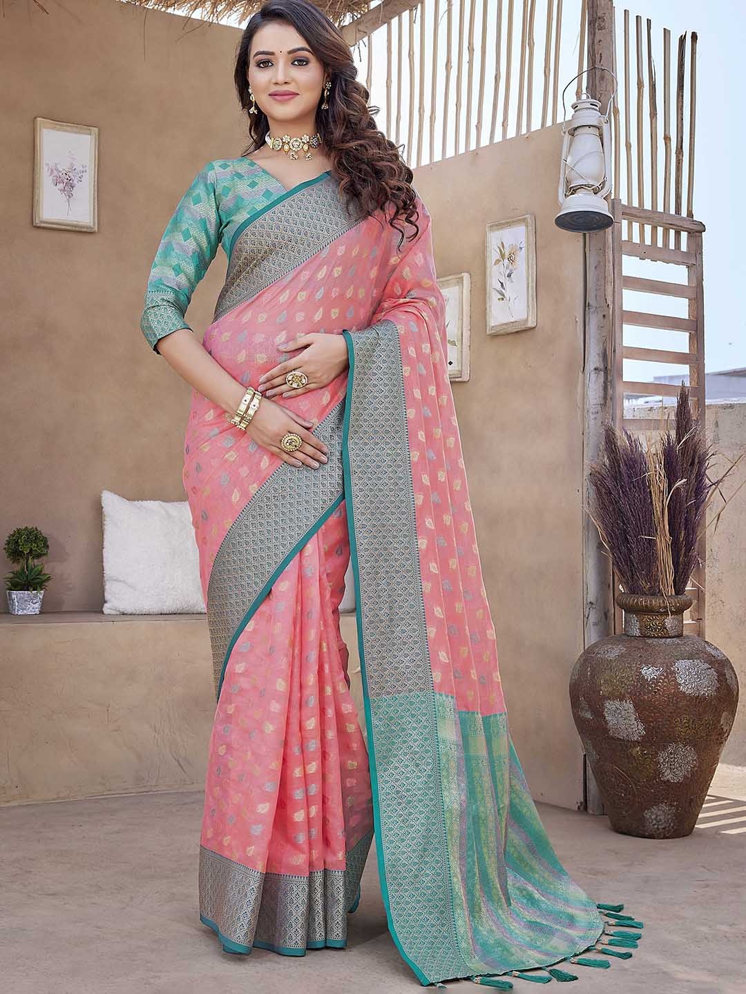 

Divyadham Textiles Floral Woven Design Zari Pure Silk Banarasi Saree, Pink