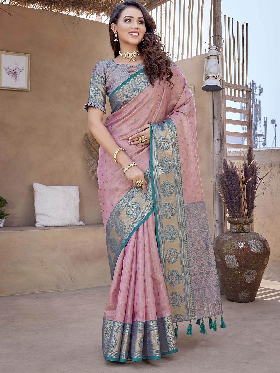 

Divyadham Textiles Ethnic Motifs Woven Design Zari Pure Silk Banarasi Saree, Pink