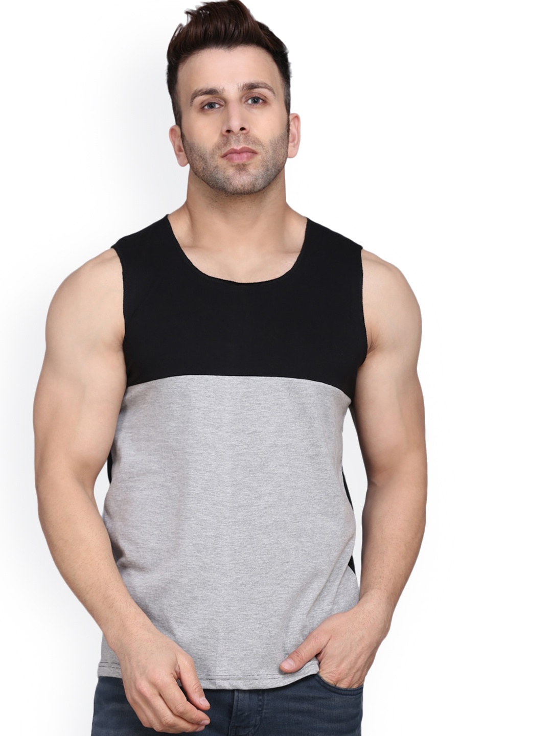 

SLOWLORIS Colorblocked Round Neck Gym Vest, Black