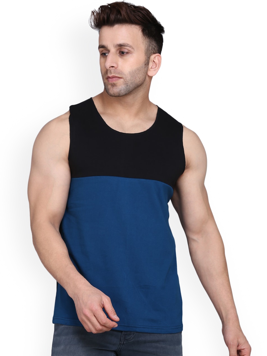 

SLOWLORIS Colorblocked Round Neck Gym Vest, Black