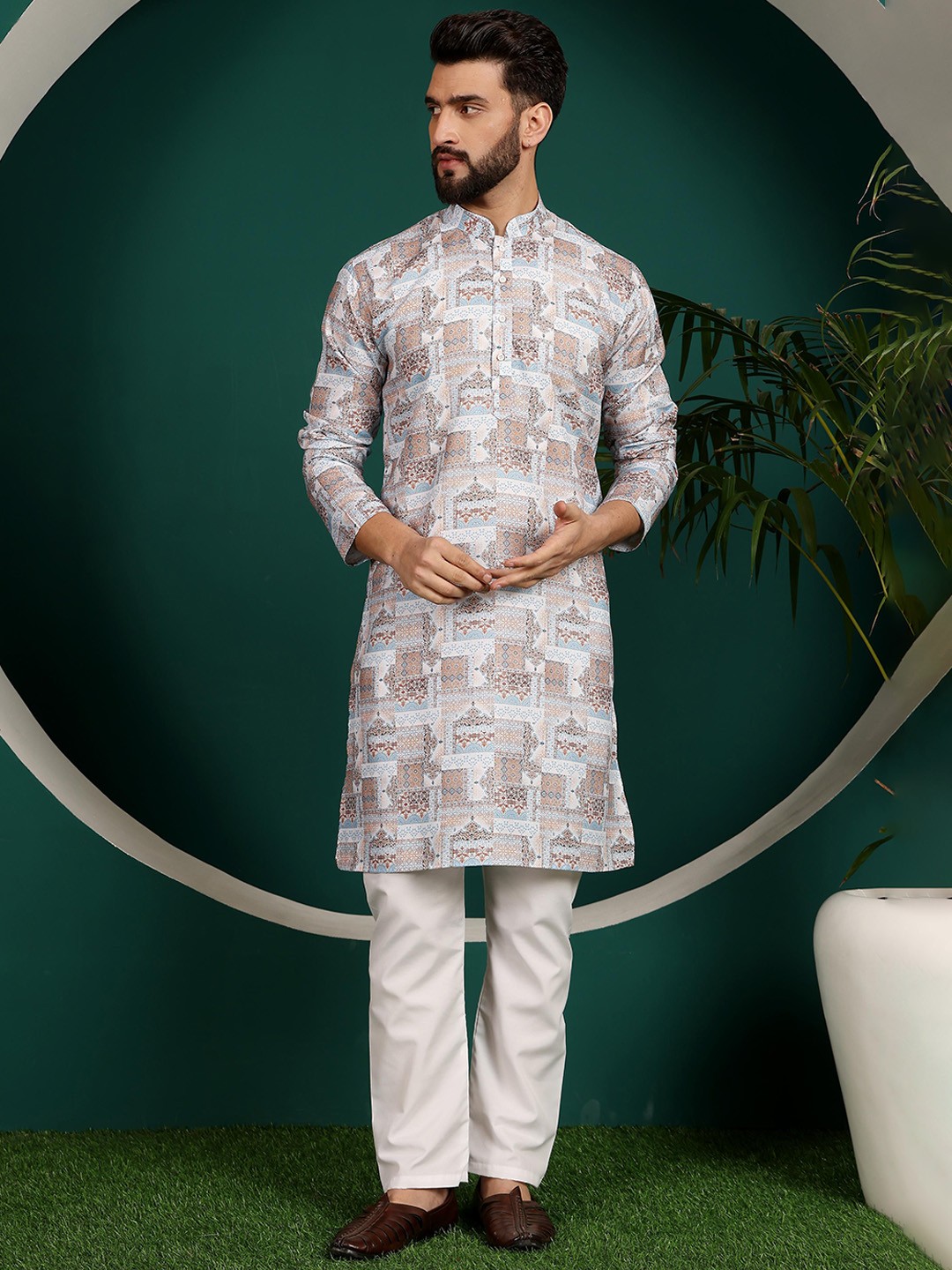 

Armaan Ethnic Ethnic Motifs Printed Mandarin Collar Pure Cotton Straight Kurta With Pyjama, Brown
