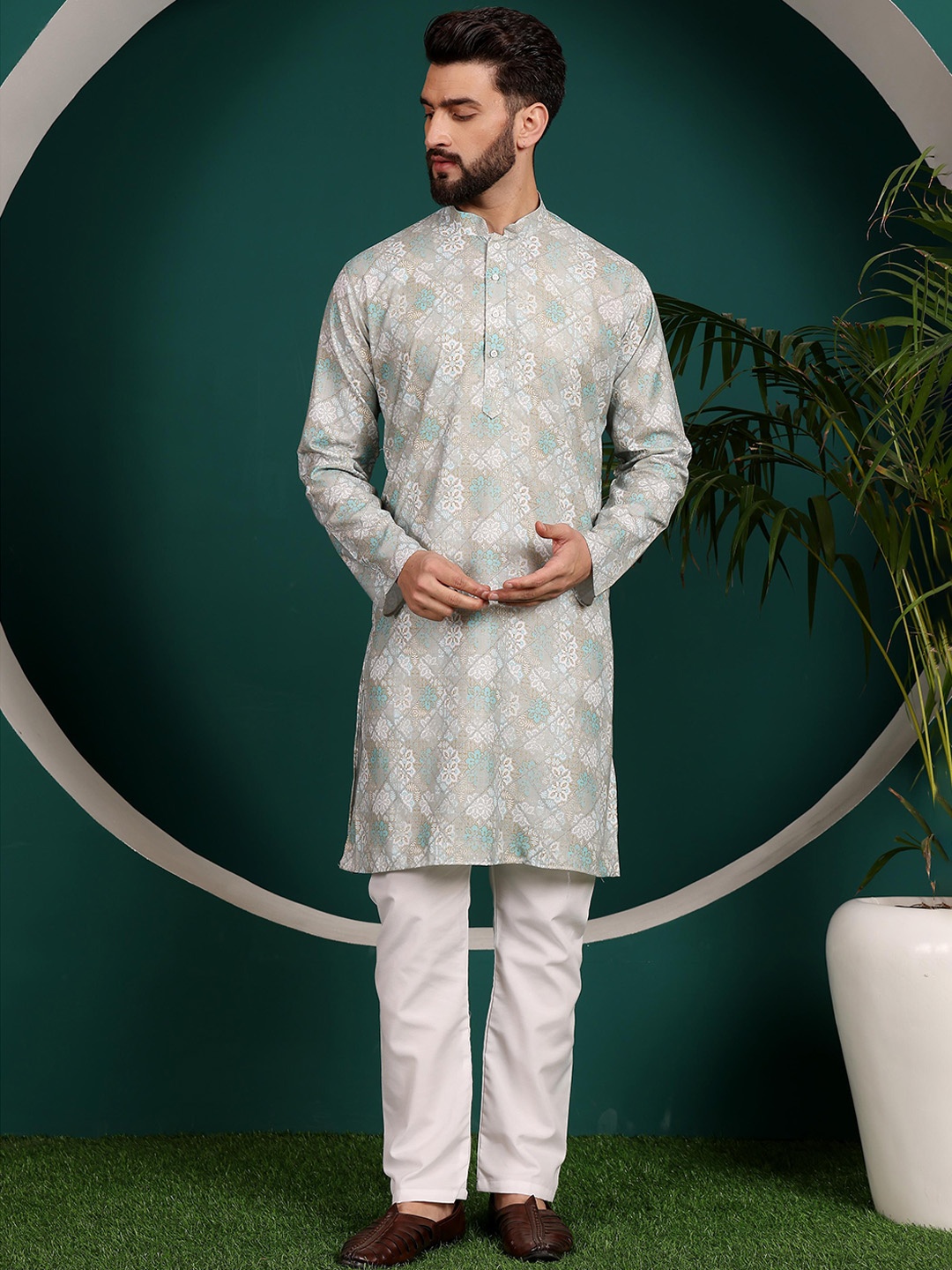 

Armaan Ethnic Ethnic Motifs Printed Mandarin Collar Pure Cotton Straight Kurta With Pyjama, White