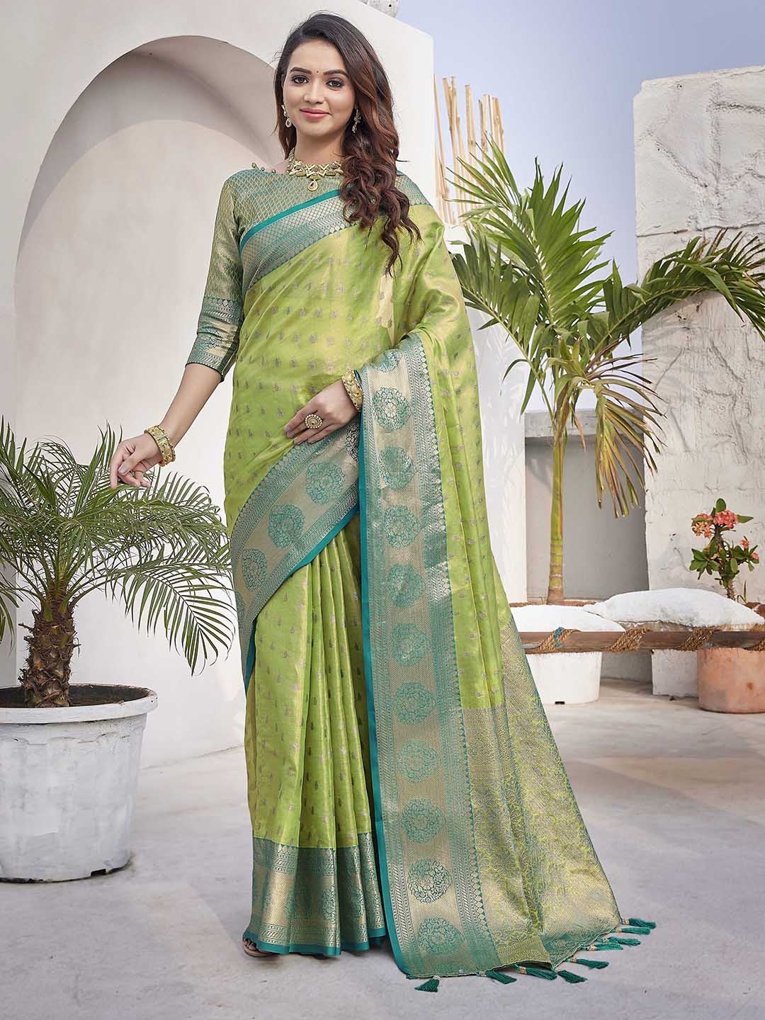 

Ekta Textiles Ethnic Motifs Woven Design Zari Pure Silk Banarasi Saree, Green