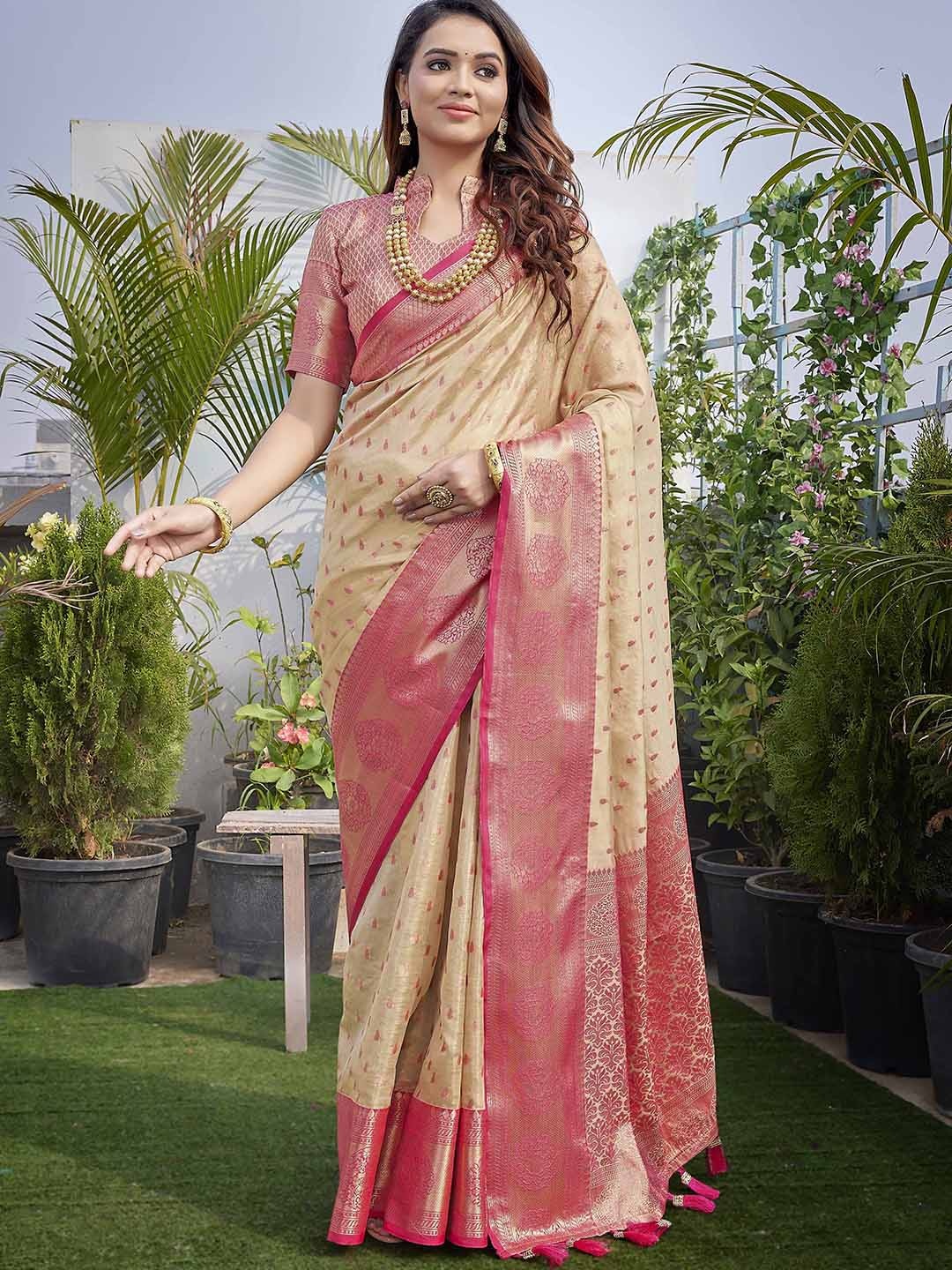 

Ekta Textiles Ethnic Motifs Woven Design Zari Pure Silk Banarasi Saree, Beige