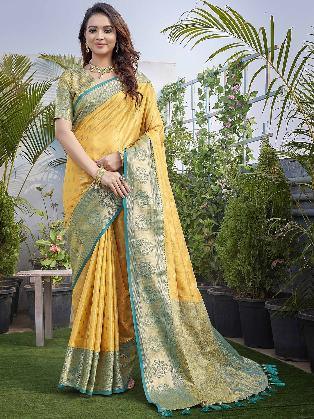 

Ekta Textiles Ethnic Motifs Woven Design Zari Pure Silk Banarasi Saree, Yellow