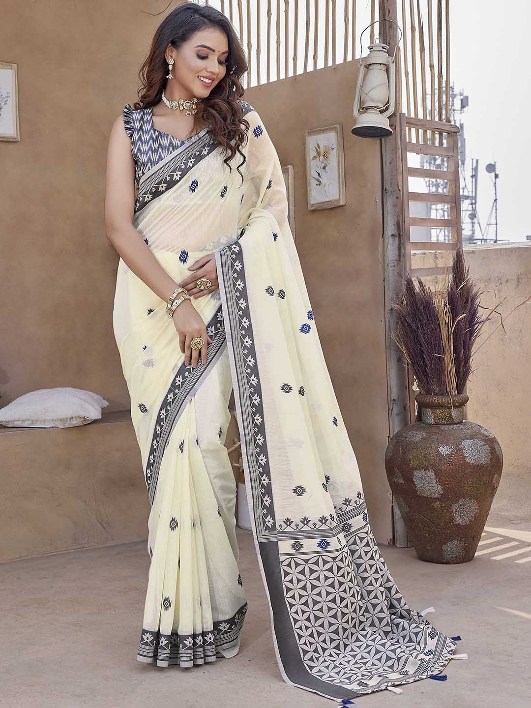 

Ekta Textiles Ethnic Motifs Woven Design Pure Silk Banarasi Saree, Off white