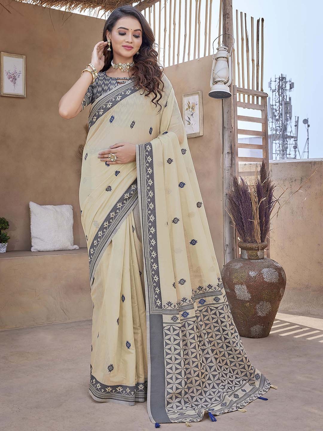 

Ekta Textiles Ethnic Motifs Woven Design Pure Silk Banarasi Saree, Cream