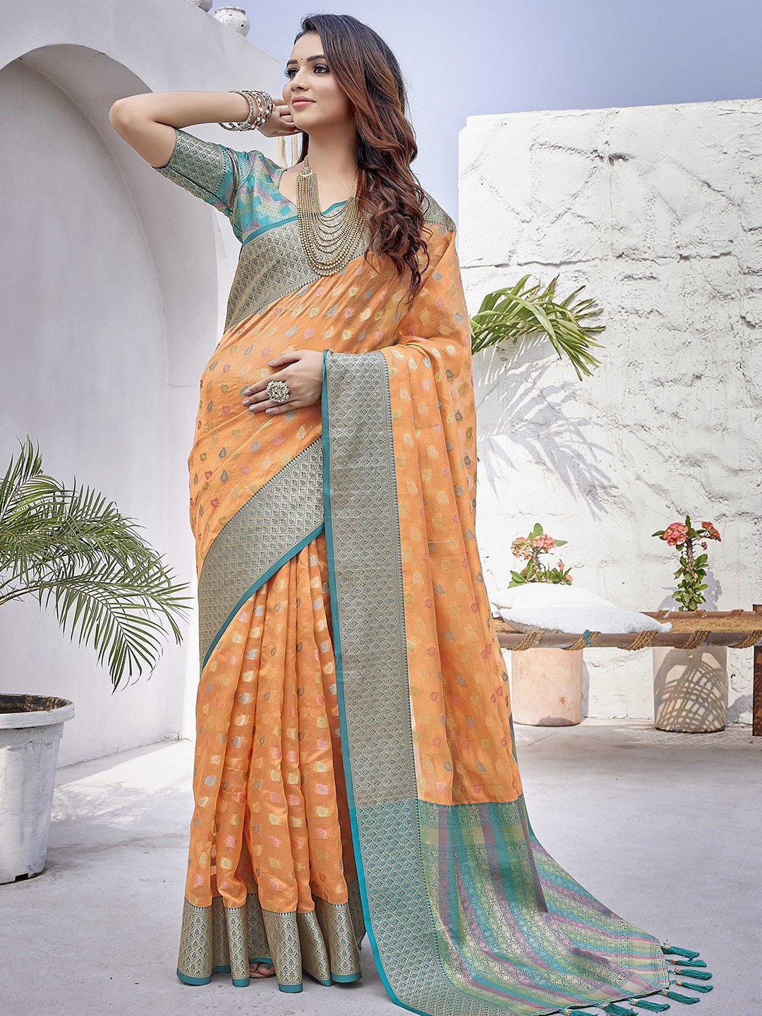 

Ekta Textiles Ethnic Motifs Woven Design Zari Pure Silk Banarasi Saree, Orange
