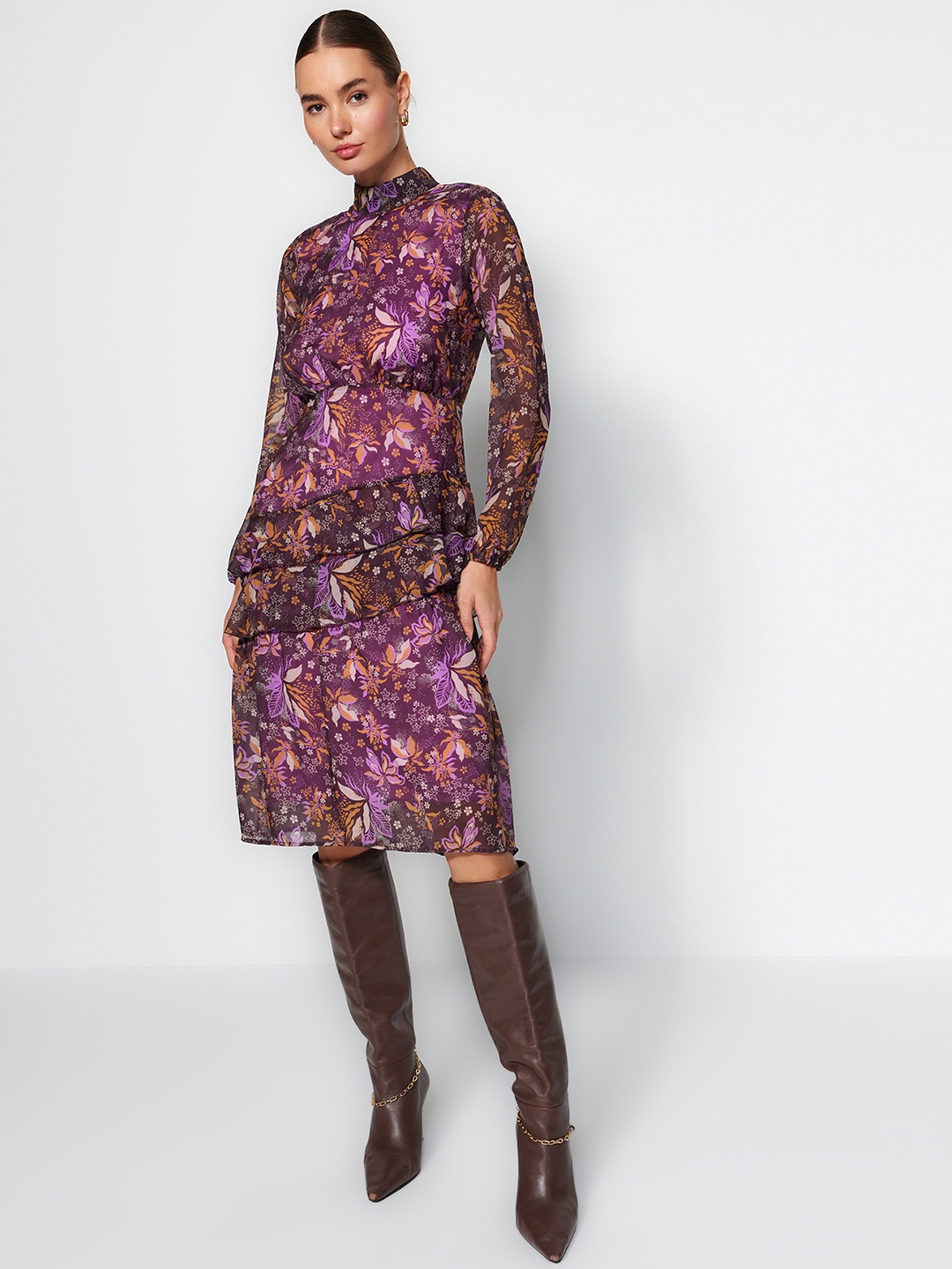 

Trendyol Floral Print Mock Neck Layered Fit & Flare Dress, Purple