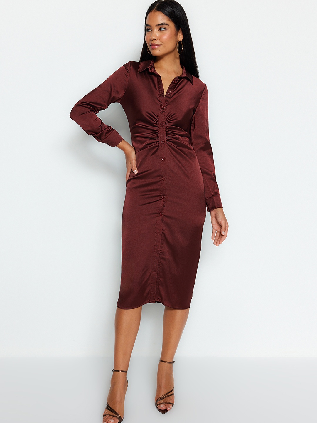 

Trendyol Shirt Collar Opaque Ruched Midi Shirt Dress, Brown