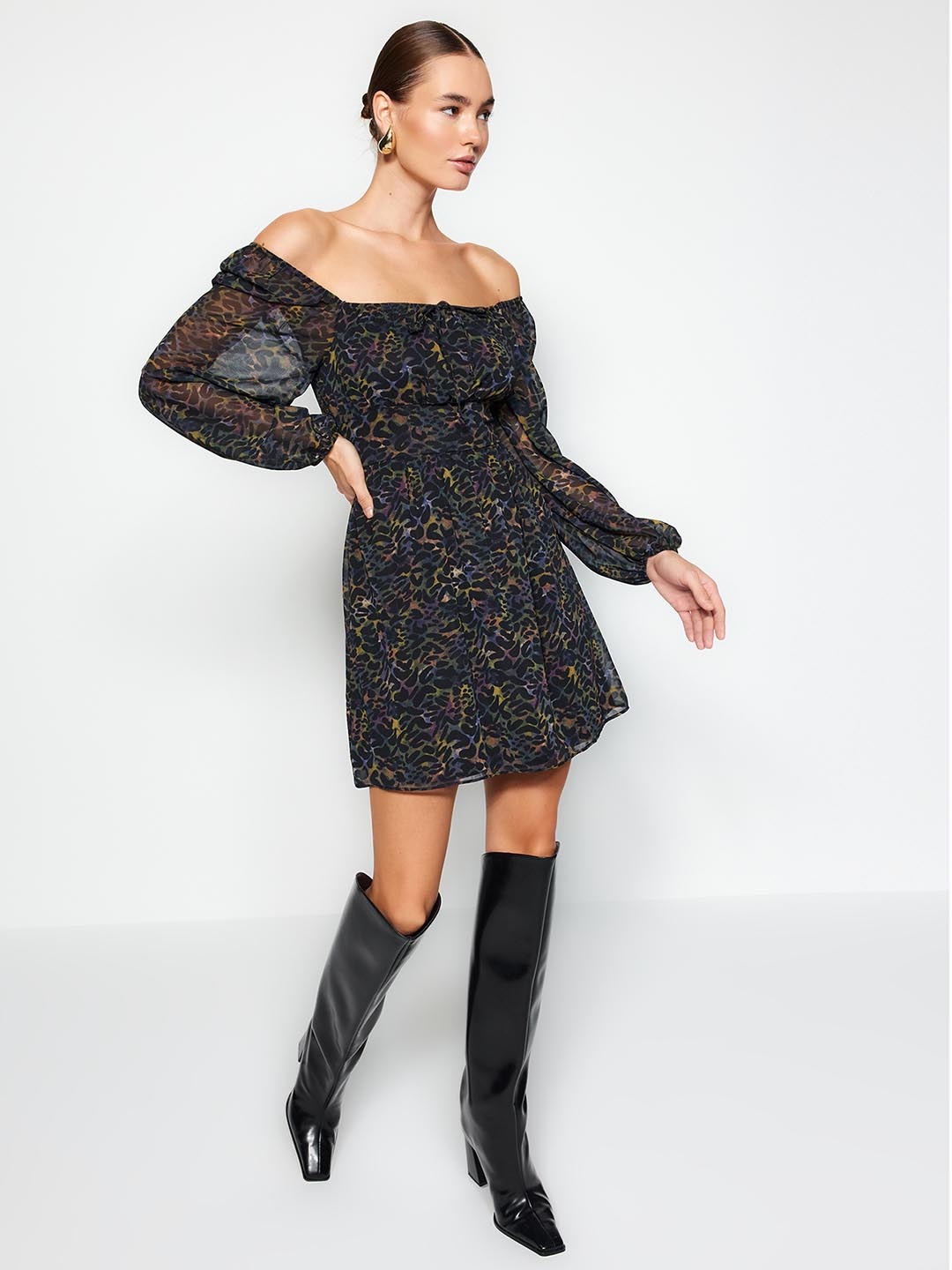 

Trendyol Animal Printed Puff Sleeves Fit & Flare Mini Dress, Black