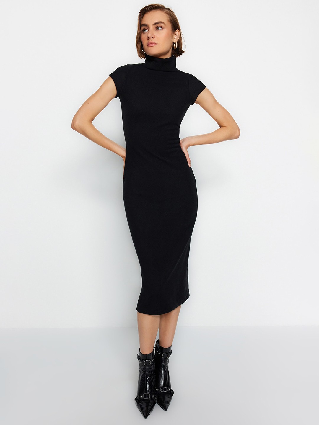 

Trendyol Mock Neck Cap Sleeves Bodycon Midi Dress, Black