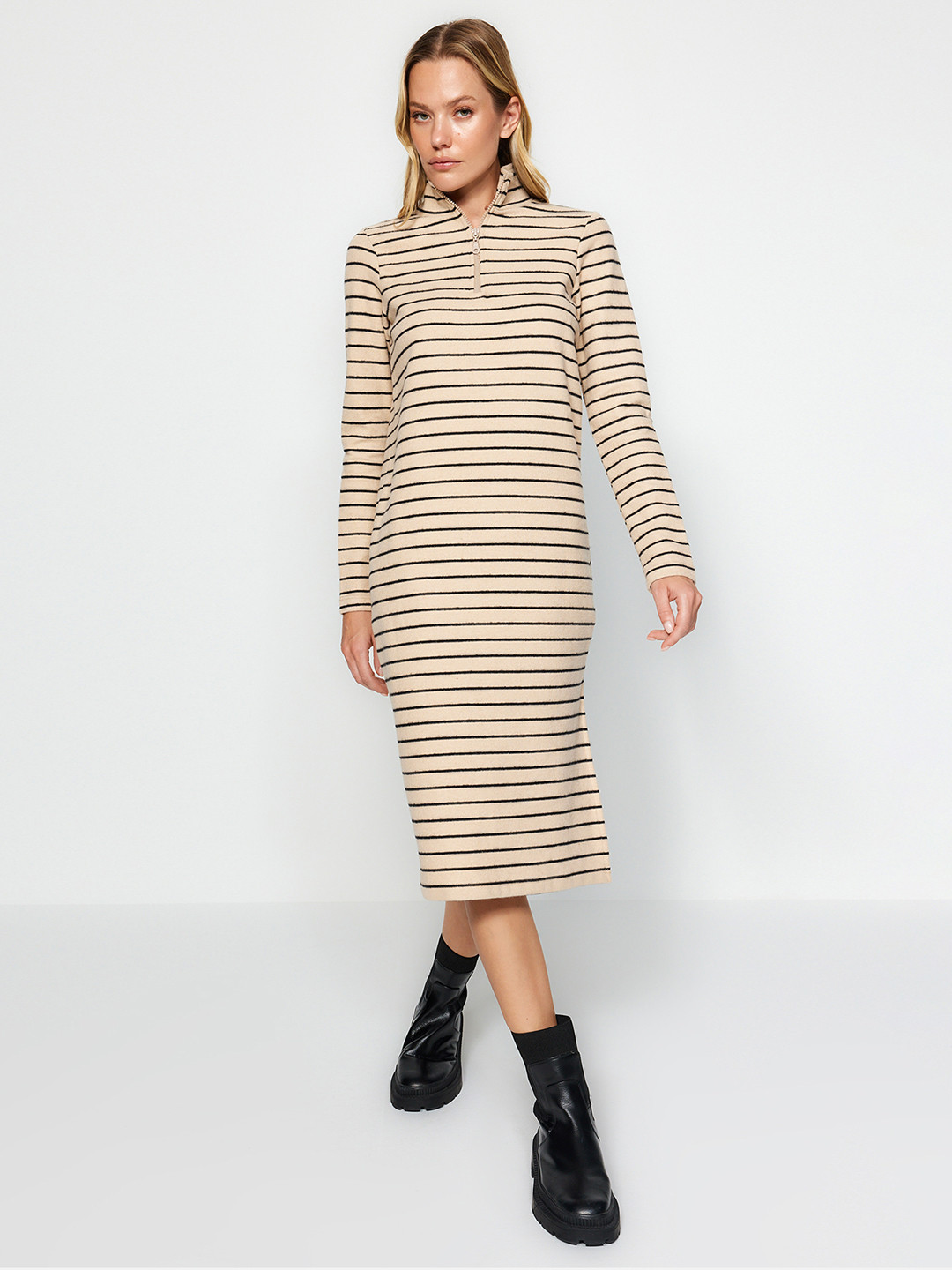 

Trendyol Striped Long Sleeves Sheath Dress, Cream
