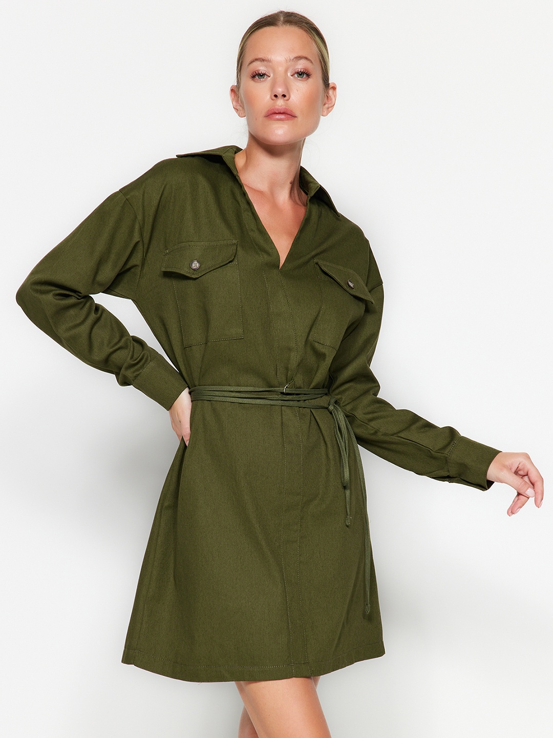 

Trendyol V Neck Fit & Flare Cotton Mini Dress, Olive
