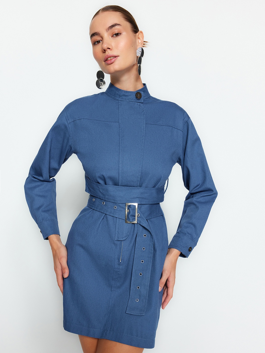 

Trendyol Mock Neck Cotton Mini Shirt Dress, Blue