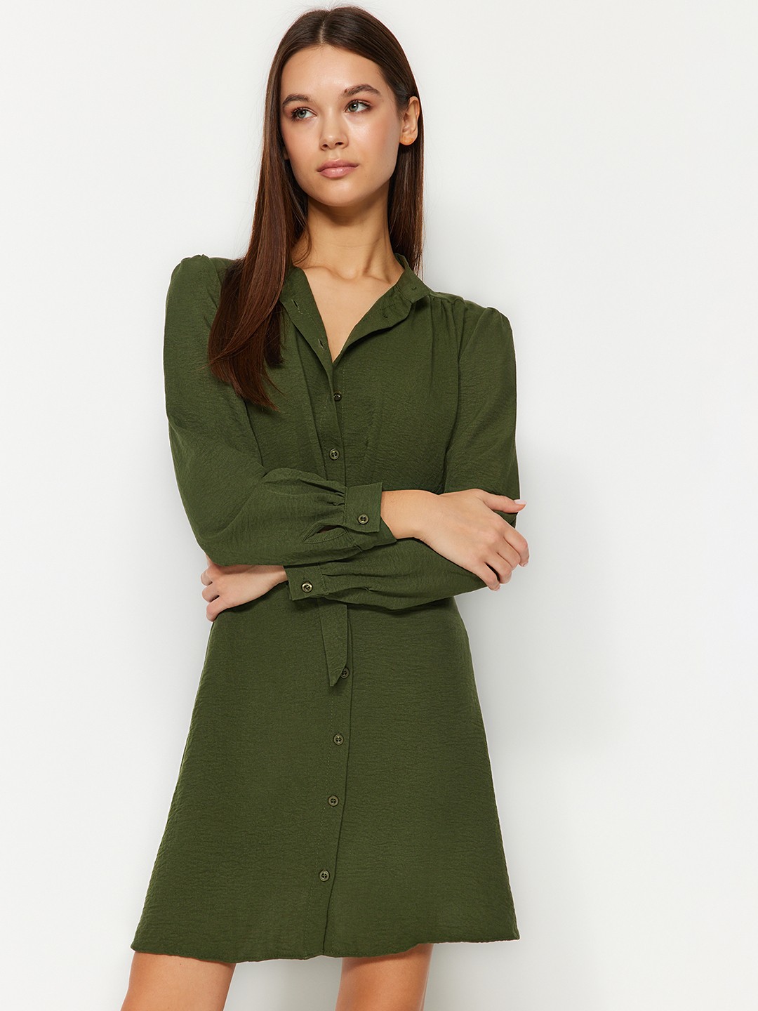 

Trendyol Cuffed Sleeves Shirt Dress, Khaki