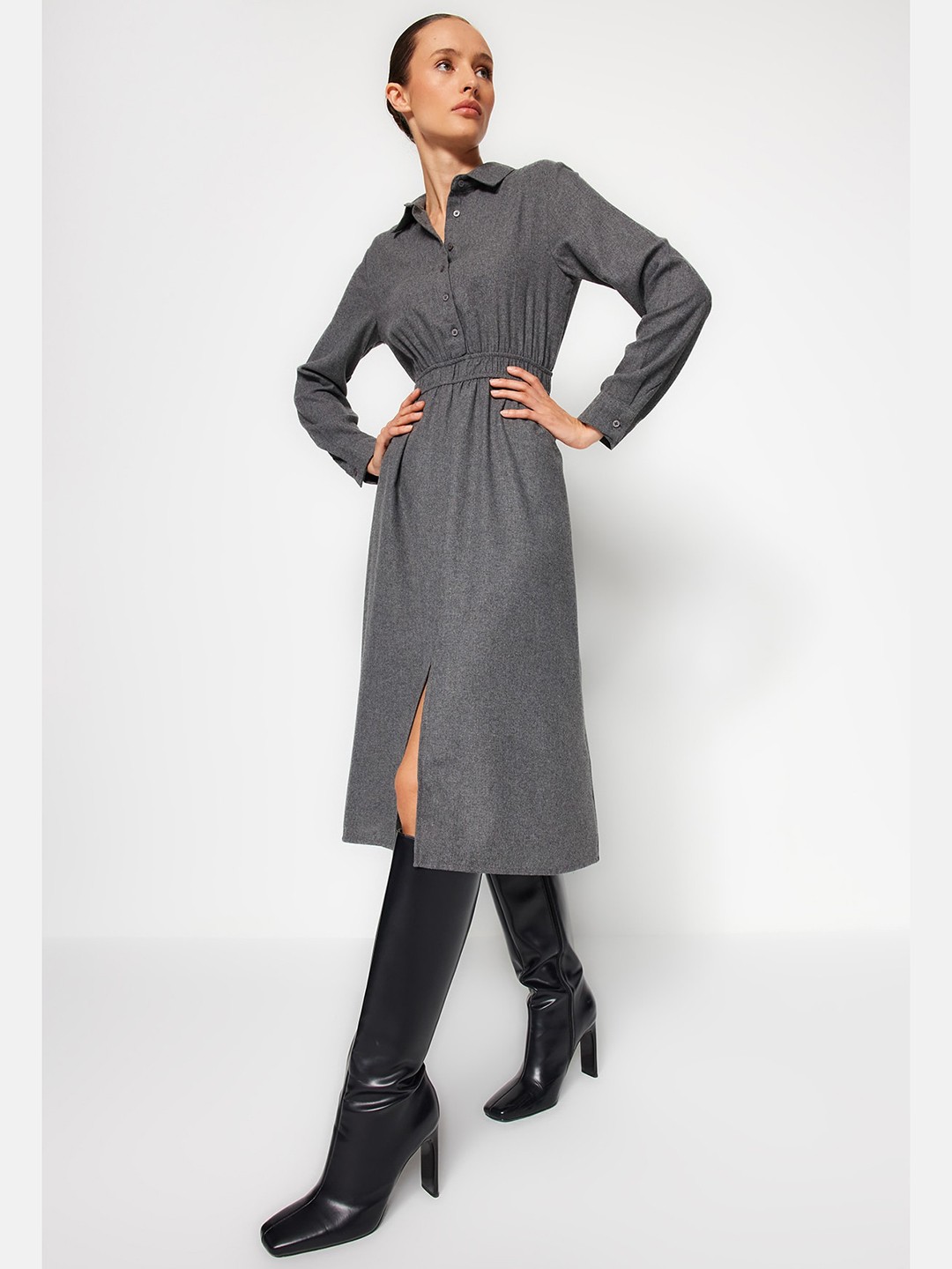 

Trendyol Shirt collar Long Sleeves Cotton Shirt Dress, Grey