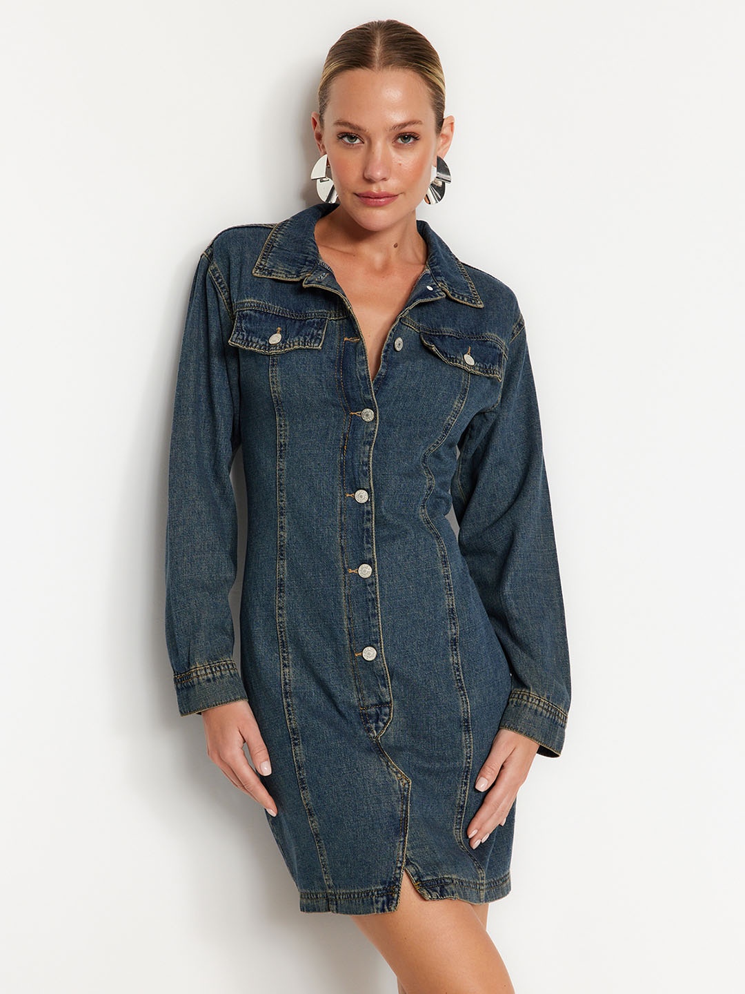 

Trendyol Long Sleeves Cotton Denim Shirt Mini Dress, Na