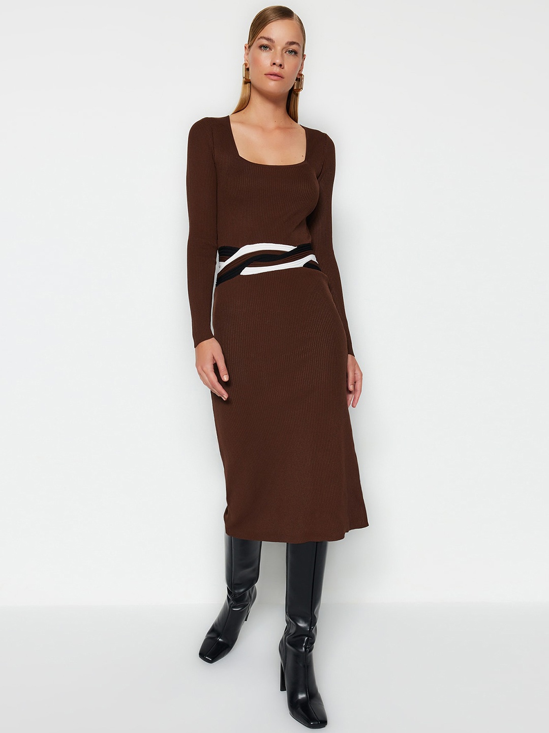 

Trendyol Square Neck Sheath Midi Dress, Brown