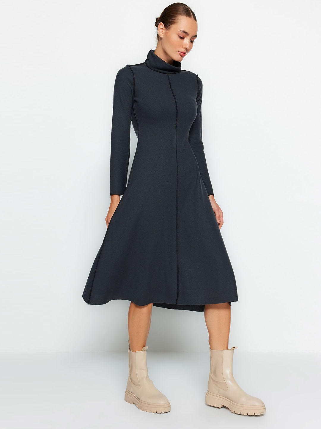 

Trendyol Mock Neck Long Sleeves Fit & Flare Midi Dress, Na