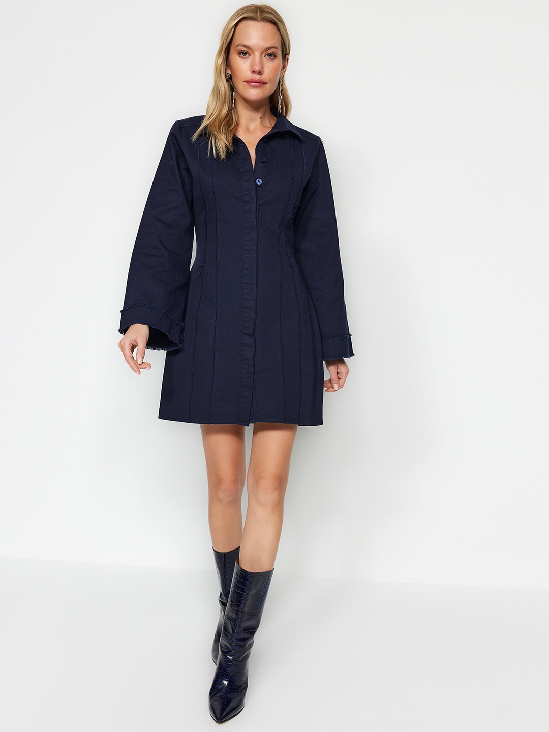 

Trendyol Shirt Collar Long Flared Sleeves Mini Dress, Na