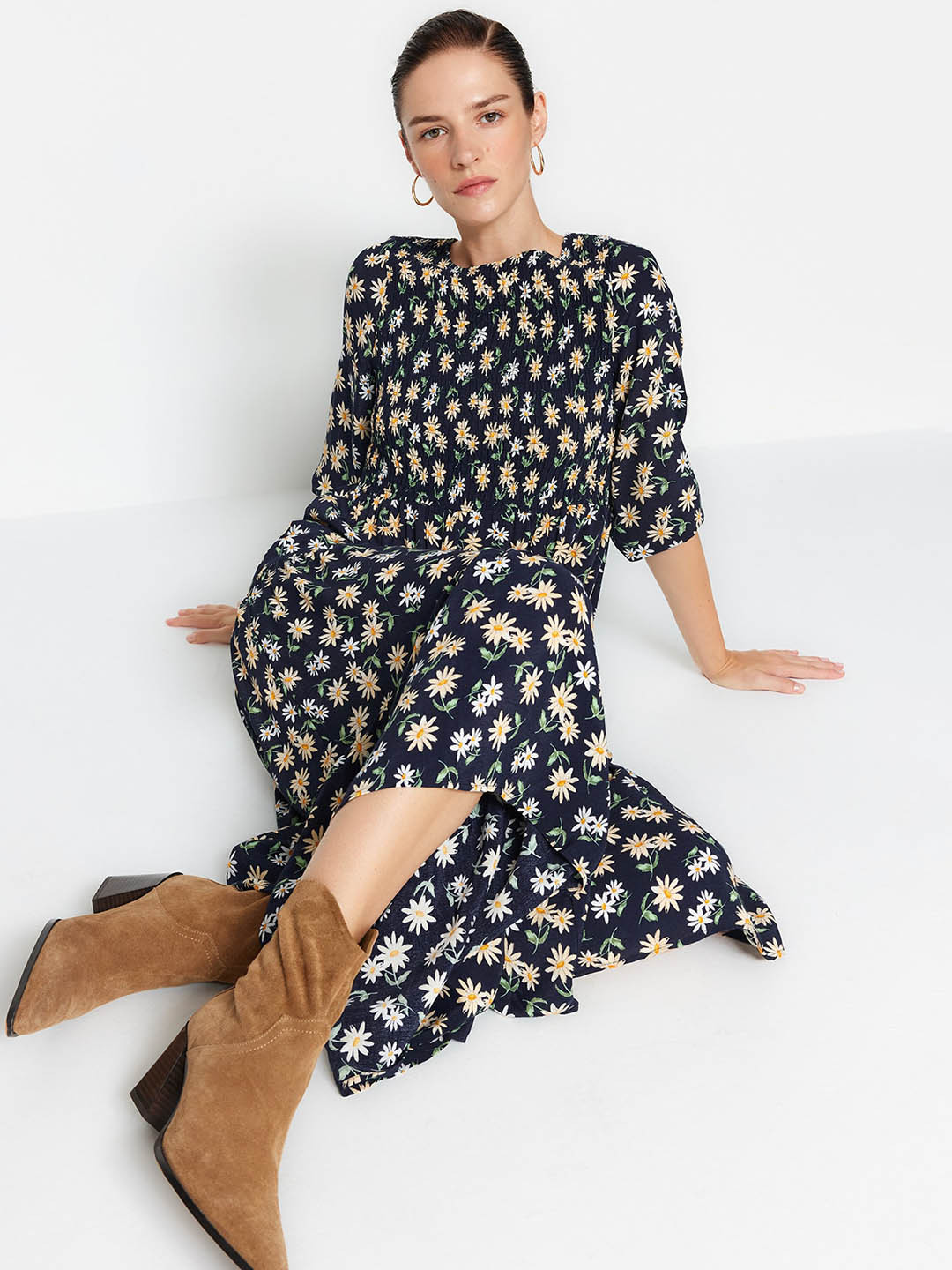 

Trendyol Floral Printed Smocked Fit and Flare Midi Dress, Black