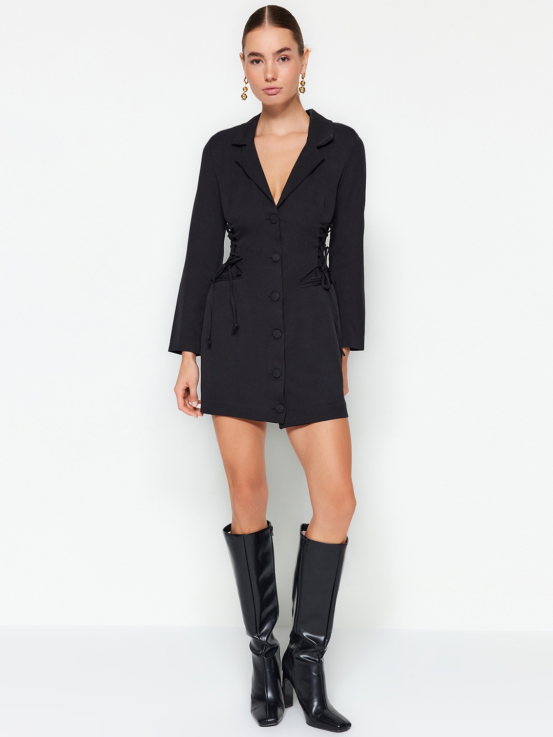 

Trendyol Lapel Neck Shirt Opaque Dress, Black