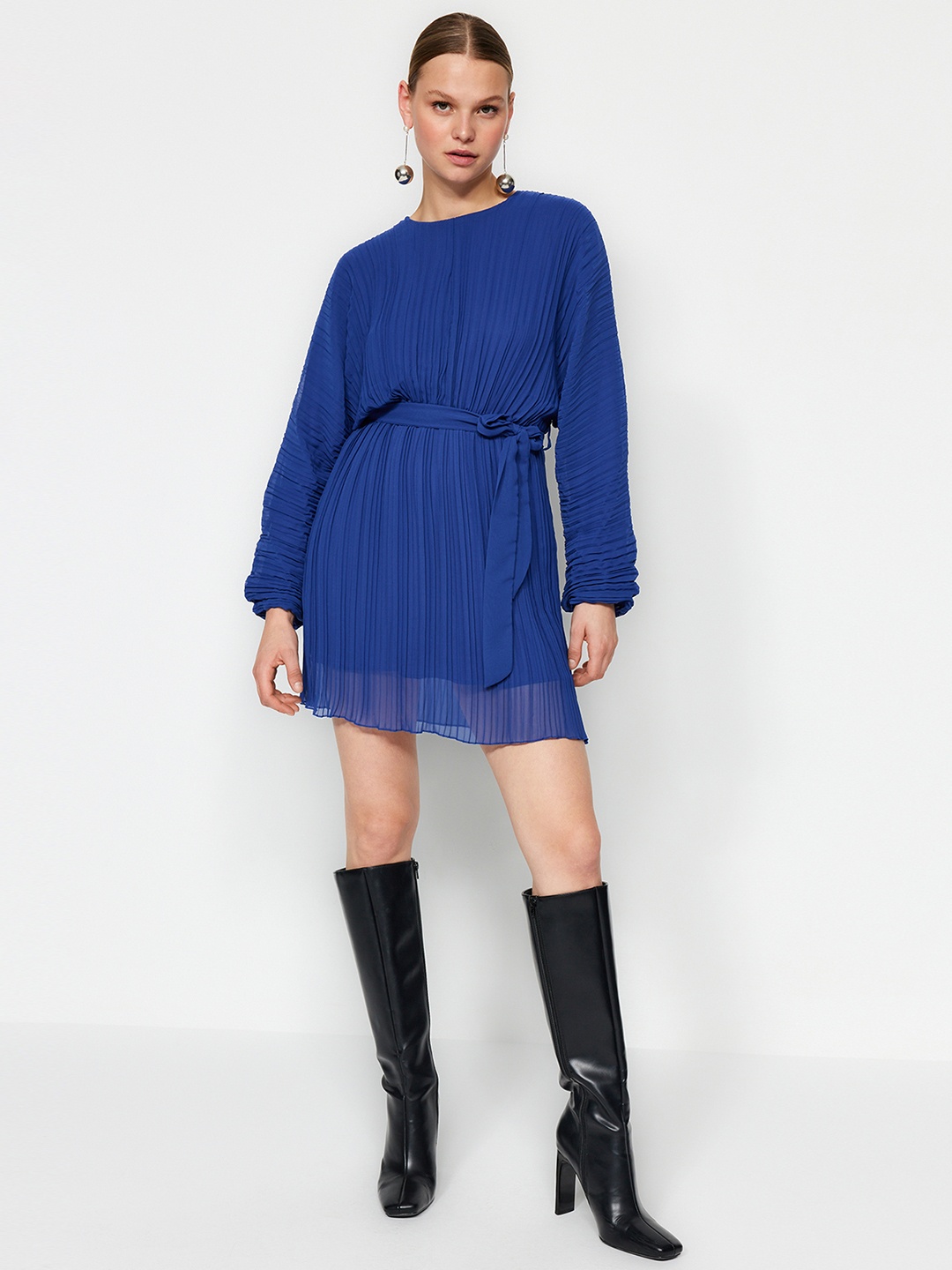 

Trendyol Long Sleeves Round Neck Blouson Mini Dress, Na