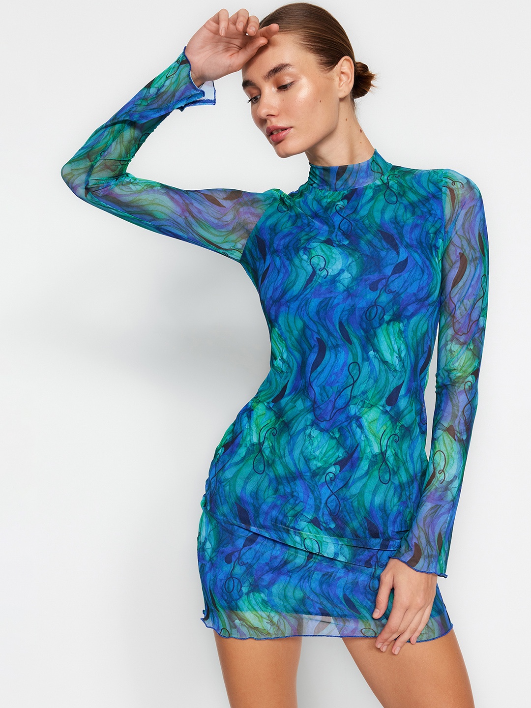 

Trendyol Mock Neck Long Sleeves Floral Print Mini Dress, Na