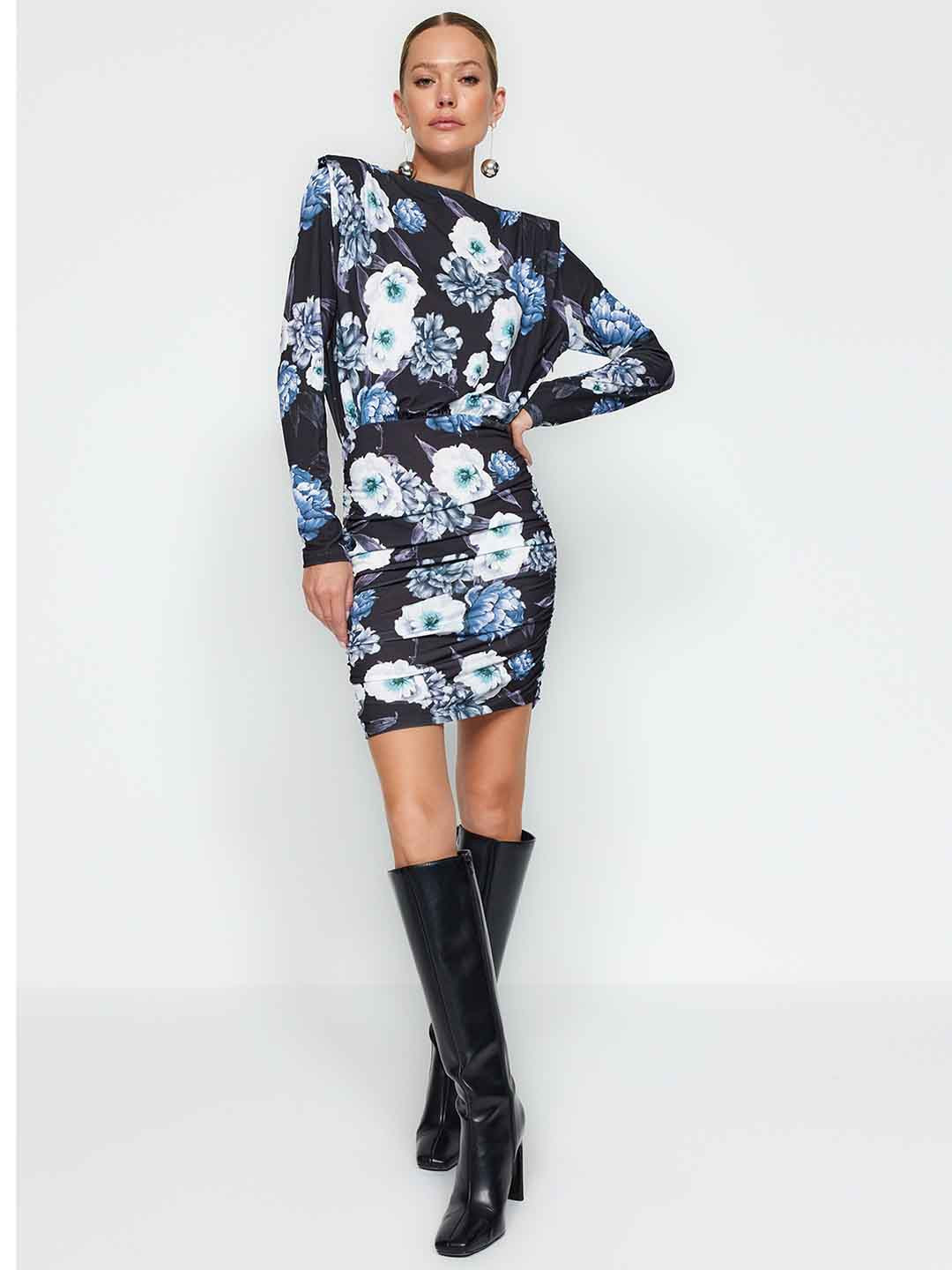 

Trendyol Floral Print Long Sleeves Round Neck Bodycon Mini Dress, Na