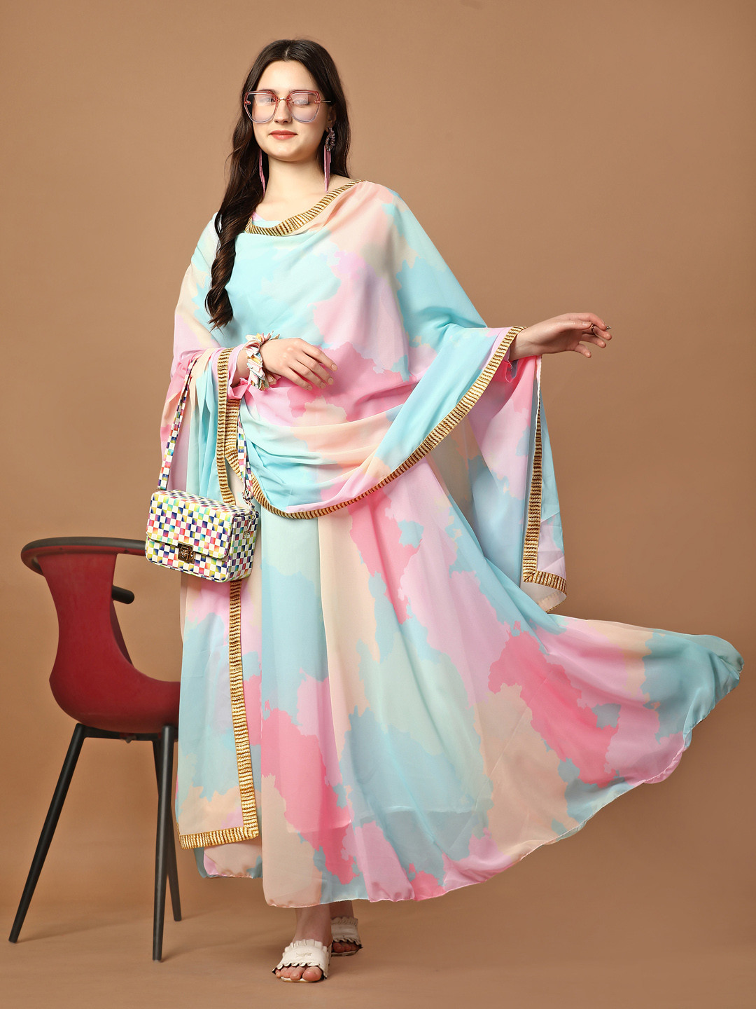 

Kedar Fab Printed Round Neck Flared Sleeve Georgette Maxi Dress, Blue