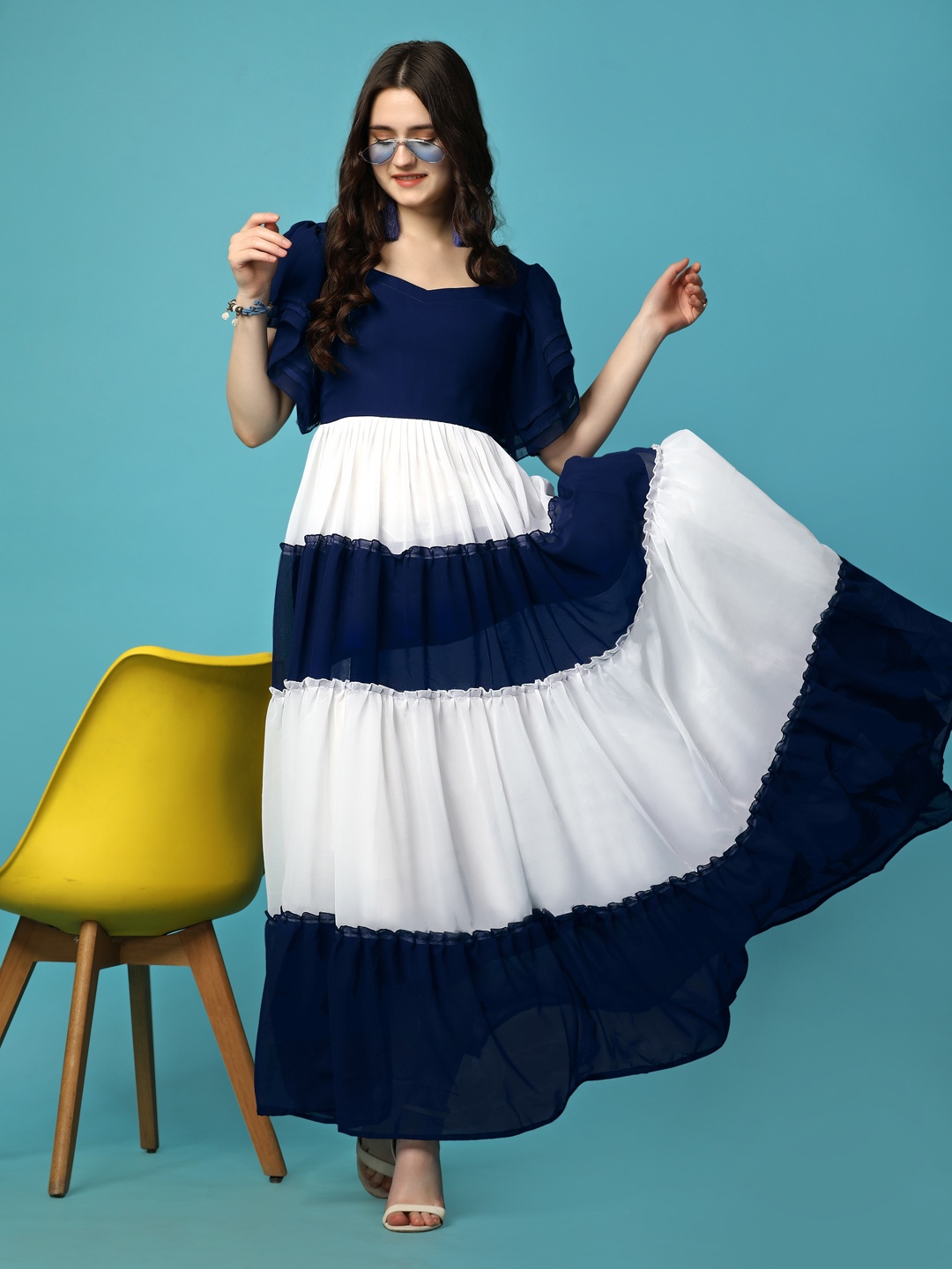 

Kedar Fab Colourblocked Georgette Maxi Dress, Navy blue
