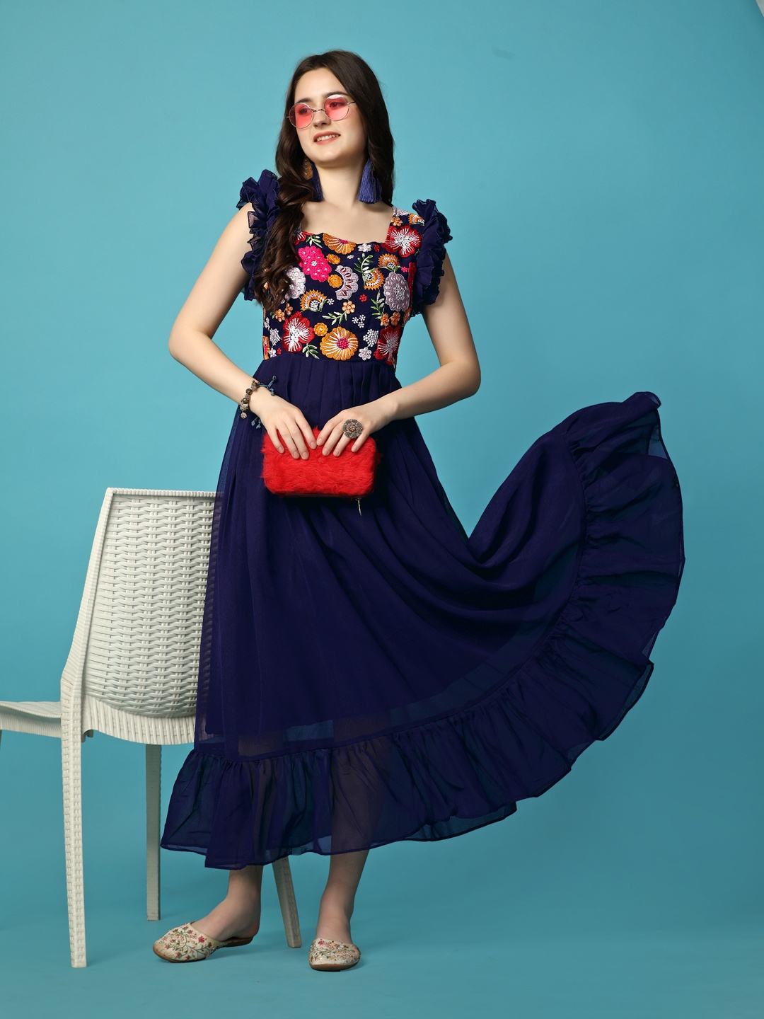 

Kedar Fab Printed Round Neck Georgette Fit & Flare Midi Dress, Navy blue