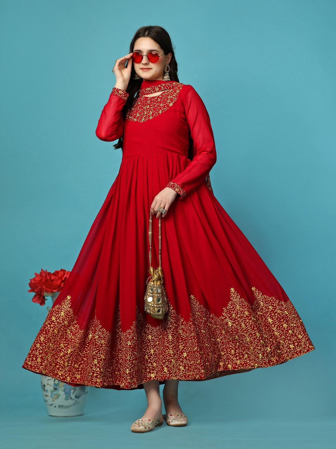 

Kedar Fab Ethnic Motifs Round Neck Georgette Gown with Dupatta, Maroon