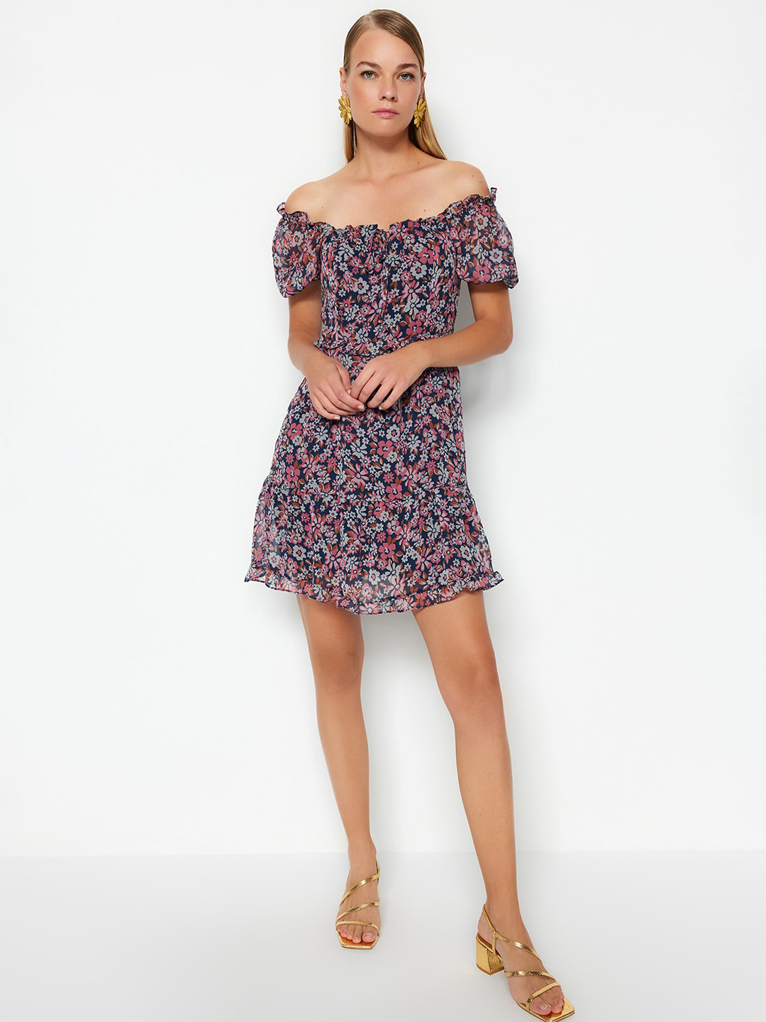 

Trendyol Floral Printed Off-Shoulder Fit & Flare Dress, Navy blue