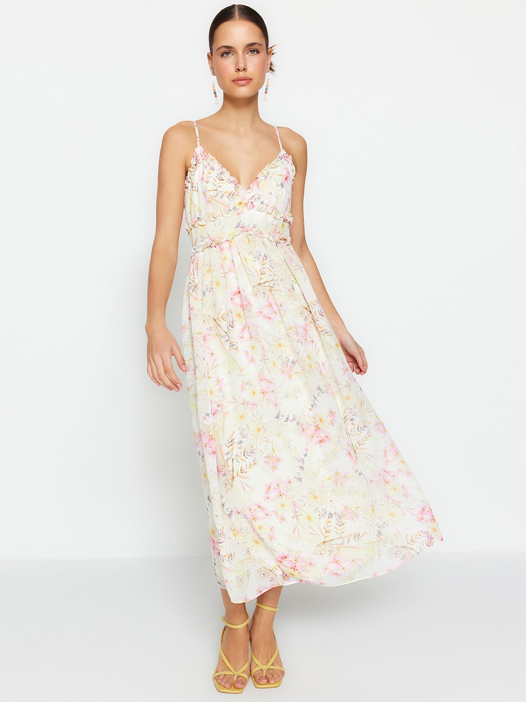 

Trendyol Floral Print Shoulder Straps Fit & Flare Maxi Dress, Cream