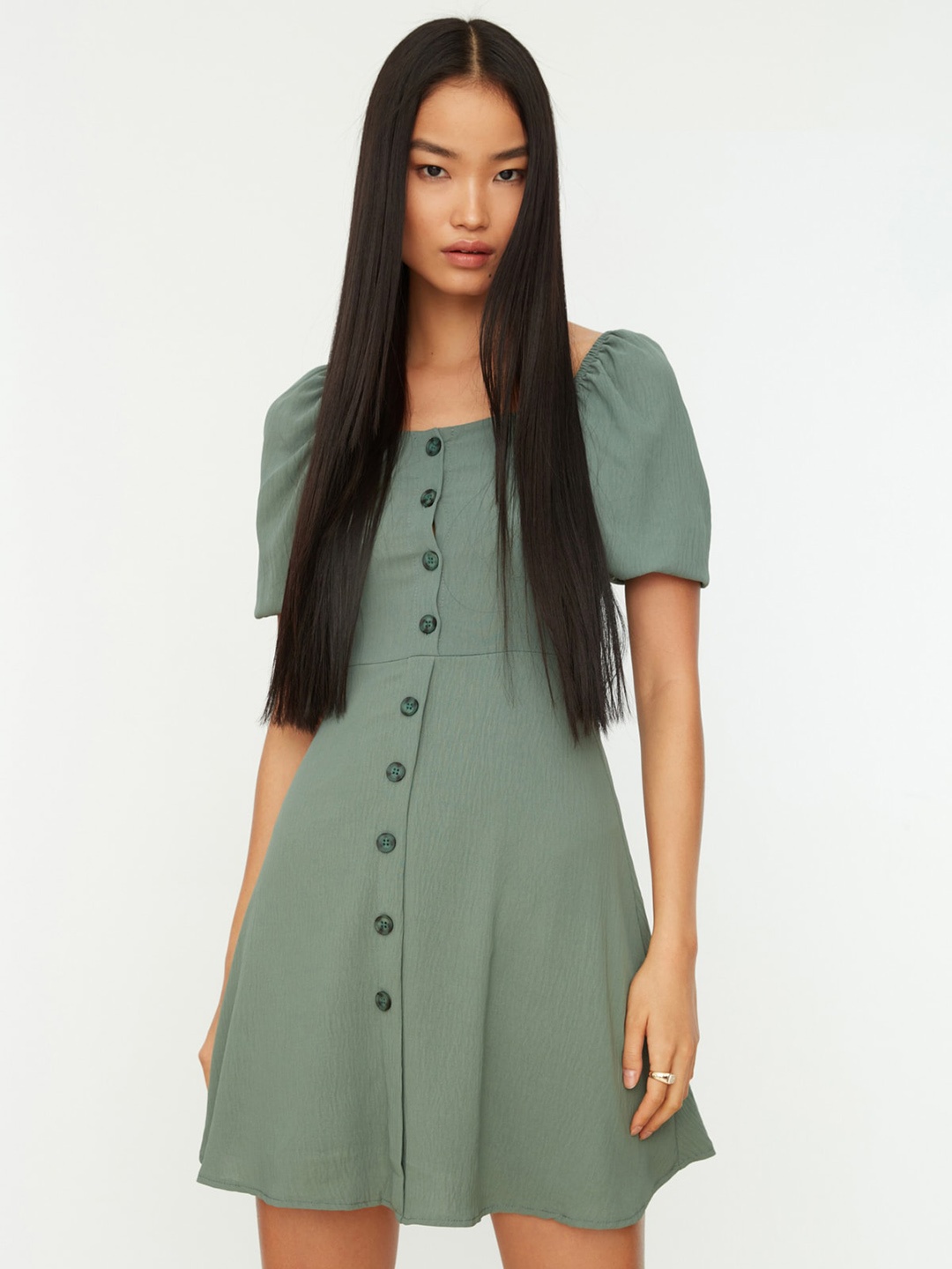 

Trendyol Puff Sleeve A-Line Mini Dress, Green